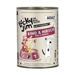 Lucky Jim Hunde-Nassfutter Adult Rind & Hirsch, 400g Dose. Alleinfutter für ausgewachsene Hunde.