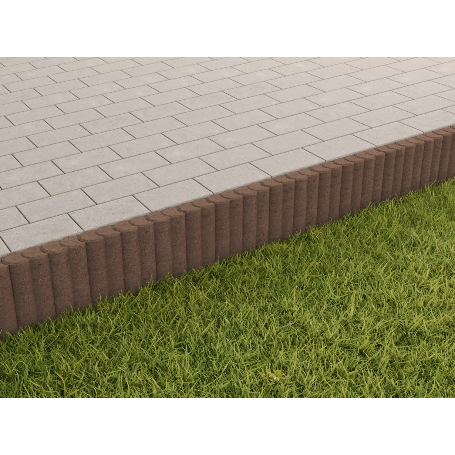 Braune Rundpalisaden 2er-Element aus Beton als Beeteinfassung.