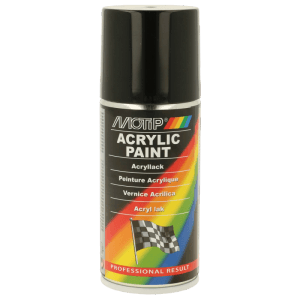 Motip Sprühlack Auto Schwarz Glänzend 150 ml. Schwarze Acryllack-Sprühdose mit Regenbogen-Design für Lackreparatur.
