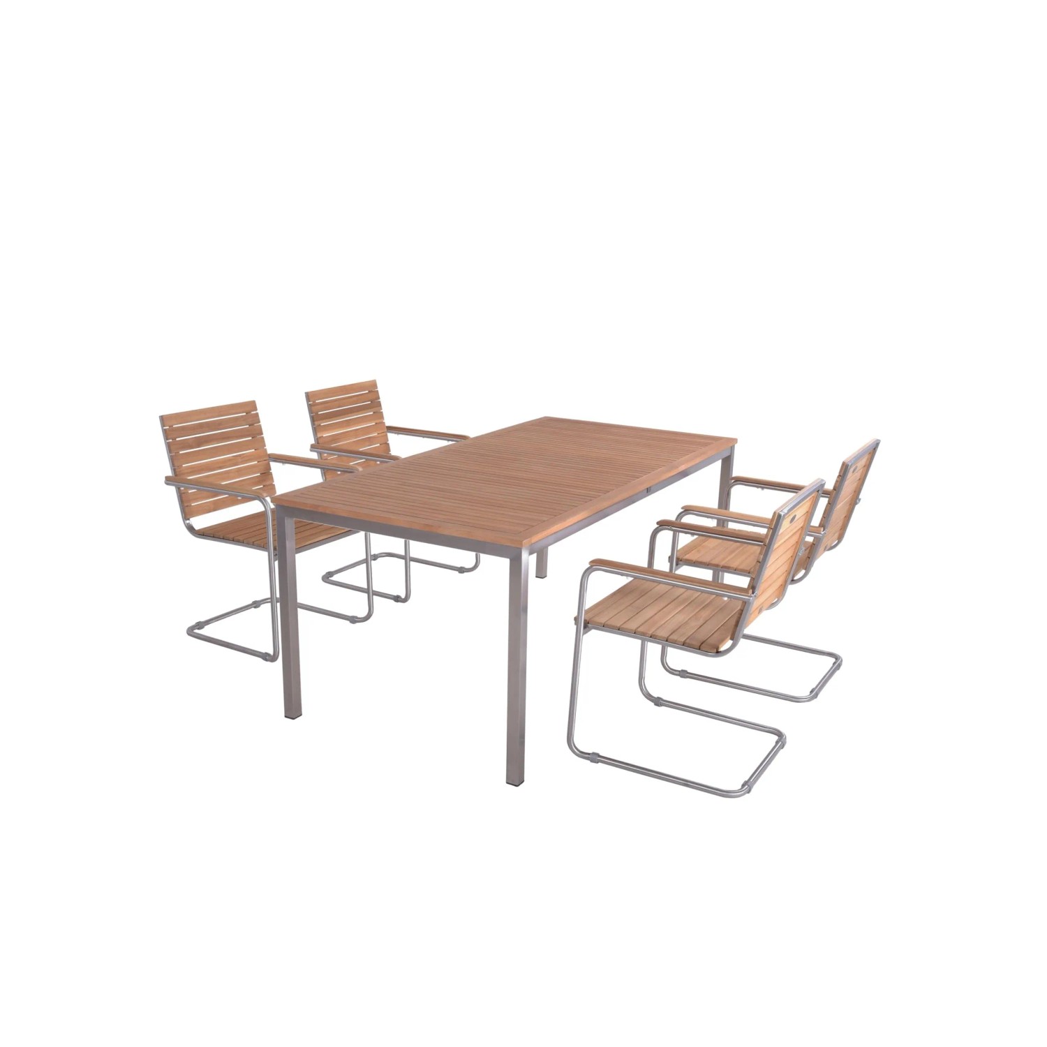 DELUKE Garten-Sitzgruppe PAUL 5-tlg. Tisch 4x Freischwinger Braun Teak Silber Gartenmöbel-Set Gartengarnitur Garten-Essg...