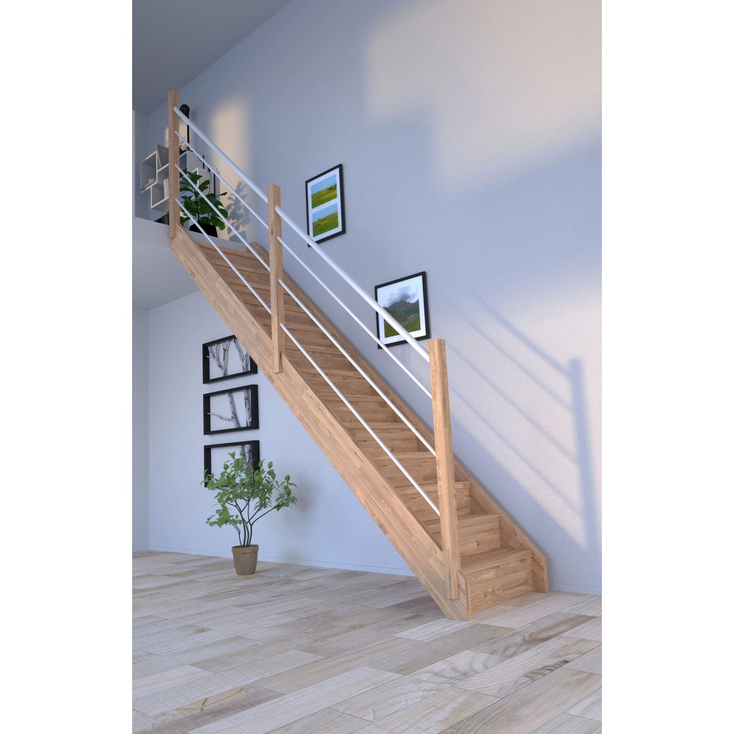 Helle Holztreppe Mykonos Pro mit weißem Holz-Edelstahl-Geländer und Setzstufen, 80cm breit.
