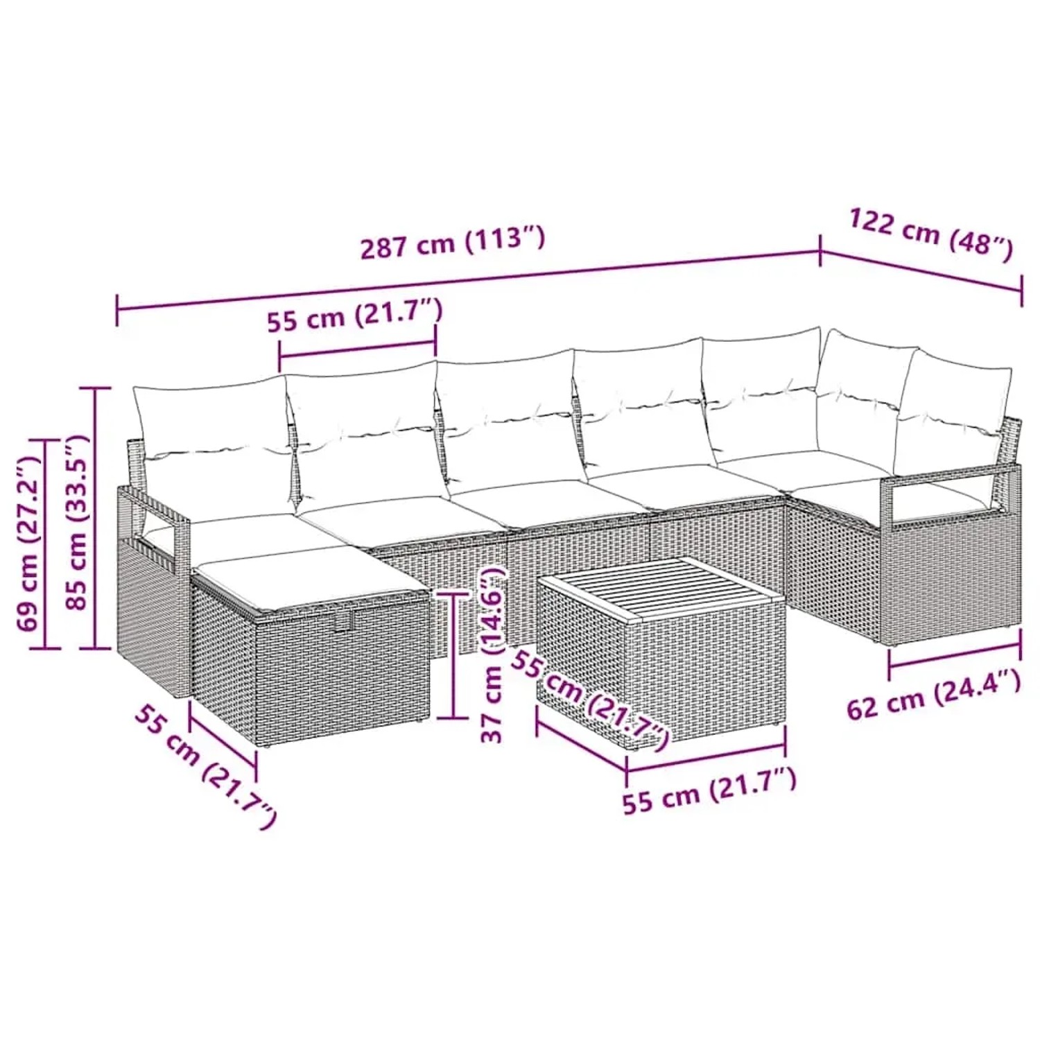 vidaXL Gartenmöbel-Set, 8-teilig, grau, Poly Rattan, mit Kissen und Stauraum.