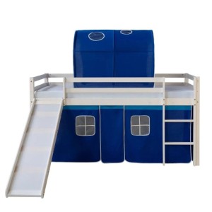 Homestyle4u Hochbett 90x200 Weiß mit Rutsche Vorhang Blau 1568