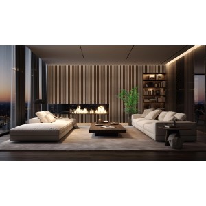 Wohnzimmer mit Akustikpaneel Eiche Amalfi an der Wand hinter dem Kamin.