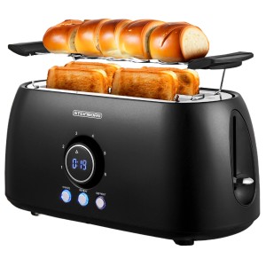 Schwarzer Steinborg 4 Scheiben Toaster mit Brötchen und Toast, digitales Display.