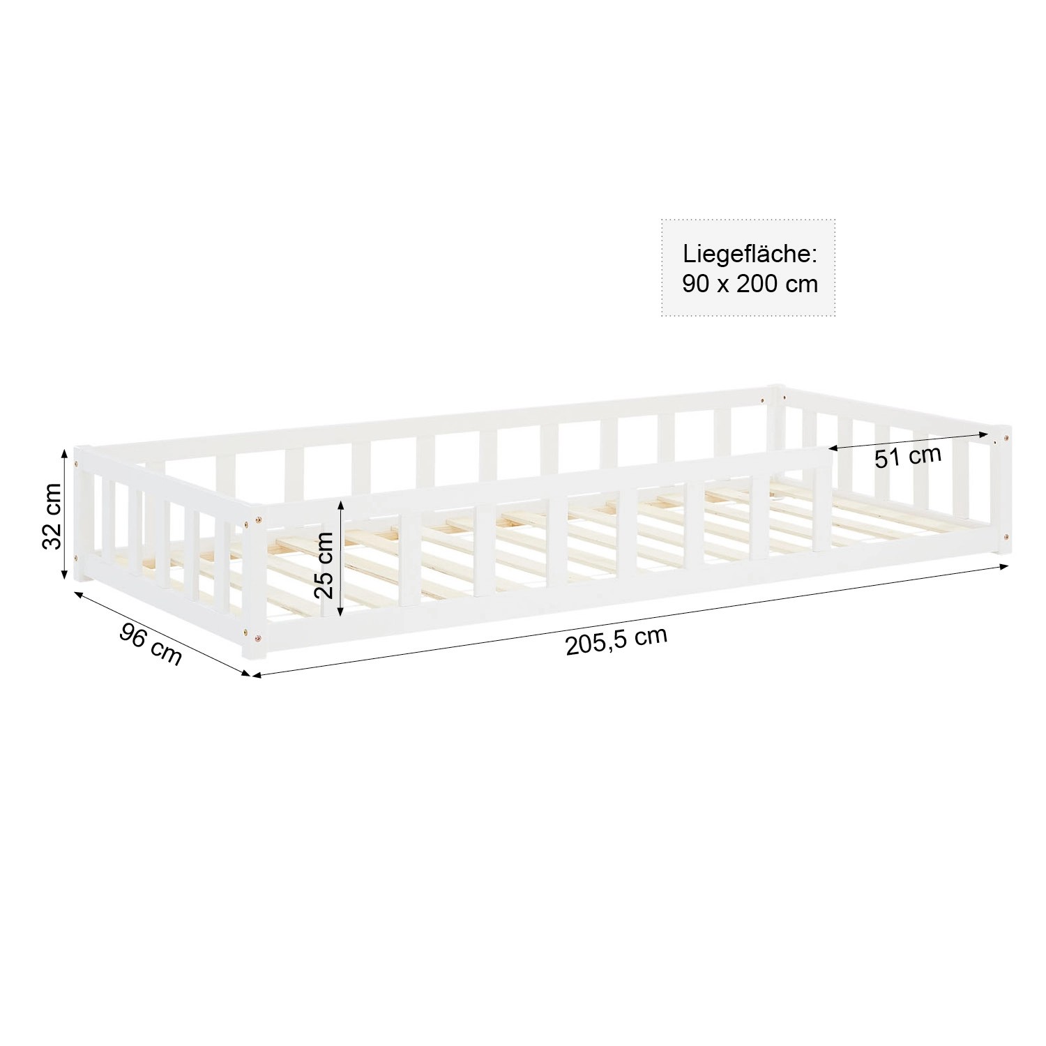 Weißes Homestyle4u Kinderbett 90x200 cm mit Rausfallschutz, Lattenrost und Matratze.
