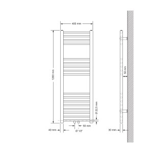 Technische Zeichnung: Weißer ECD Germany Badheizkörper 400x1200mm mit Anschlussgarnitur.