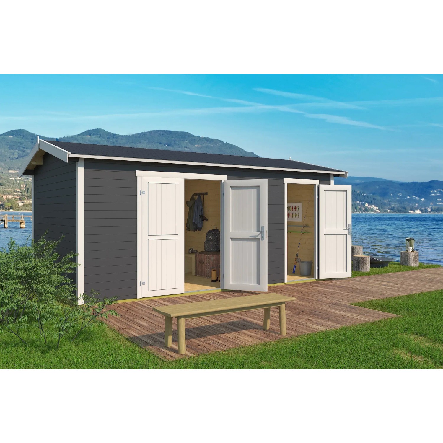 Lasita Holz-Gartenhaus Tuvalu XL in Carbongrau mit geöffneten Türen und Sitzbank vor dem Gartenhaus.