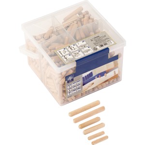LUX Holzdübel-Set, 400-teilig im Eimer, verschiedene Größen für schraubenlose Holzverbindungen.