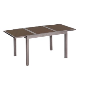 Rechteckiger, ausziehbarer Gartentisch (90x75 cm) von Merxx mit brauner Glasplatte und Aluminiumgestell.