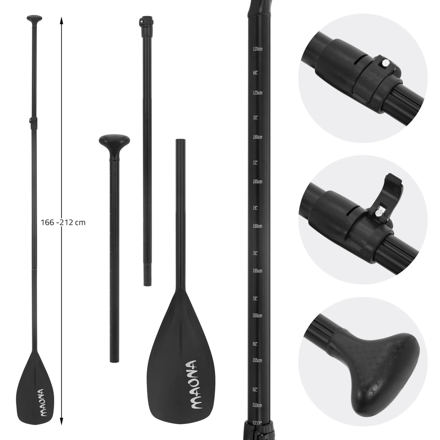 Schwarz-graues, dreiteiliges Paddel für ECD Germany SUP Board, verstellbar von 166-212 cm.