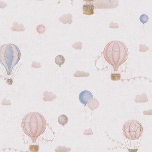 PROFHOME Kindertapete mit Wolken, Ballons und Luftschiffen in Creme, Beige, Blau und Rosa.