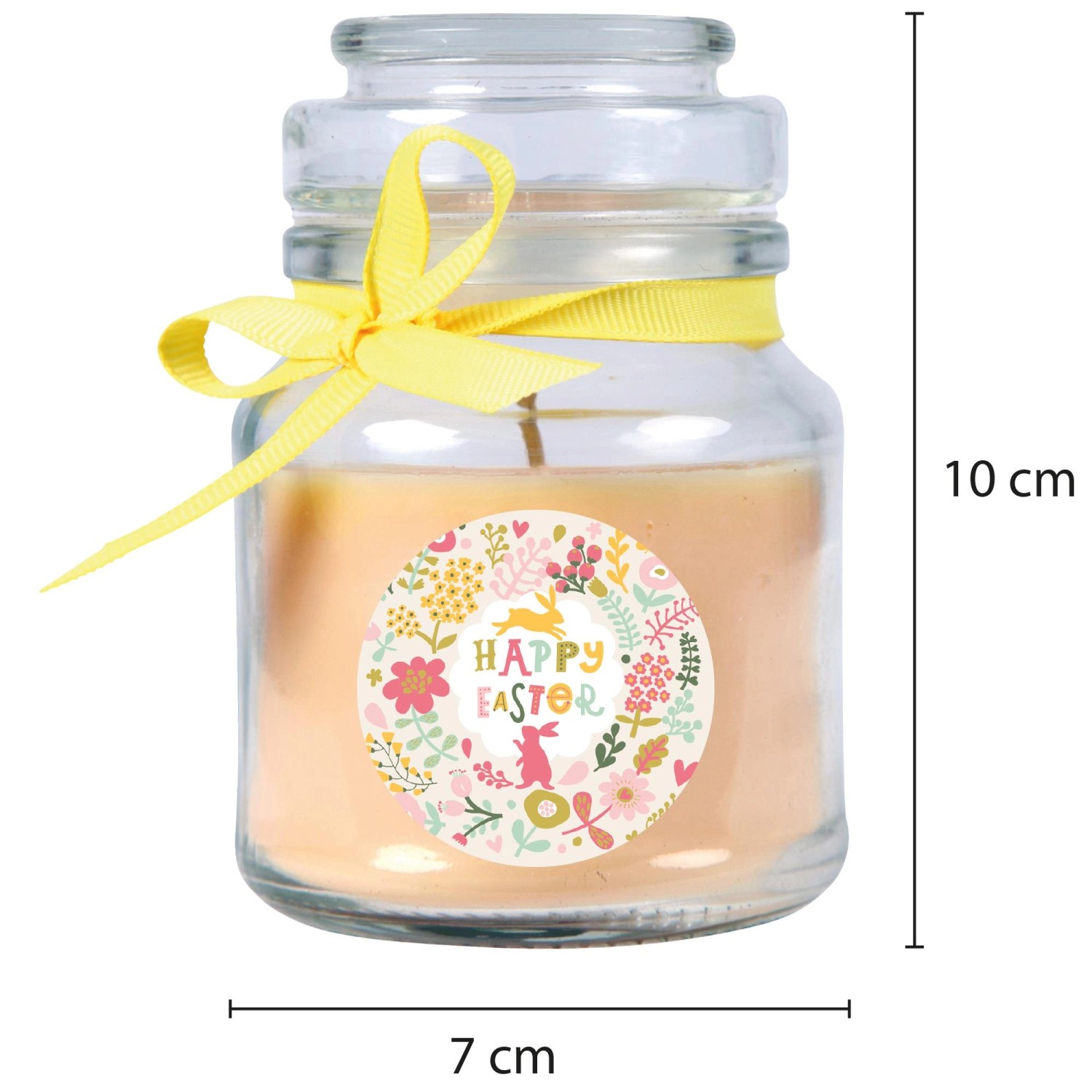 Cremefarbene Duftkerze im Glas mit Ostermotiv und gelber Schleife, 10cm hoch. Happy Easter Kerze.