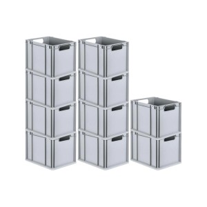PROREGAL Spar Set: 10 graue Euroboxen (30L) mit offenen Griffen, gestapelt.