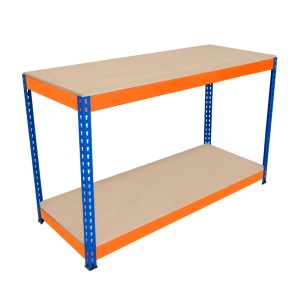 Monstershop S-Rax Werkbank, 2-stufig, 150x60x90cm, mit blauem Rahmen und zwei Regalböden.