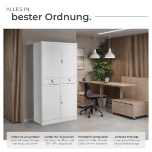 Heller, grauer Tectake Aktenschrank aus Stahl mit Flügeltüren und Schubfächern.