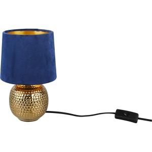 Goldene Reality Tischleuchte Sophia mit blauem Samtschirm, 26x16x16 cm.