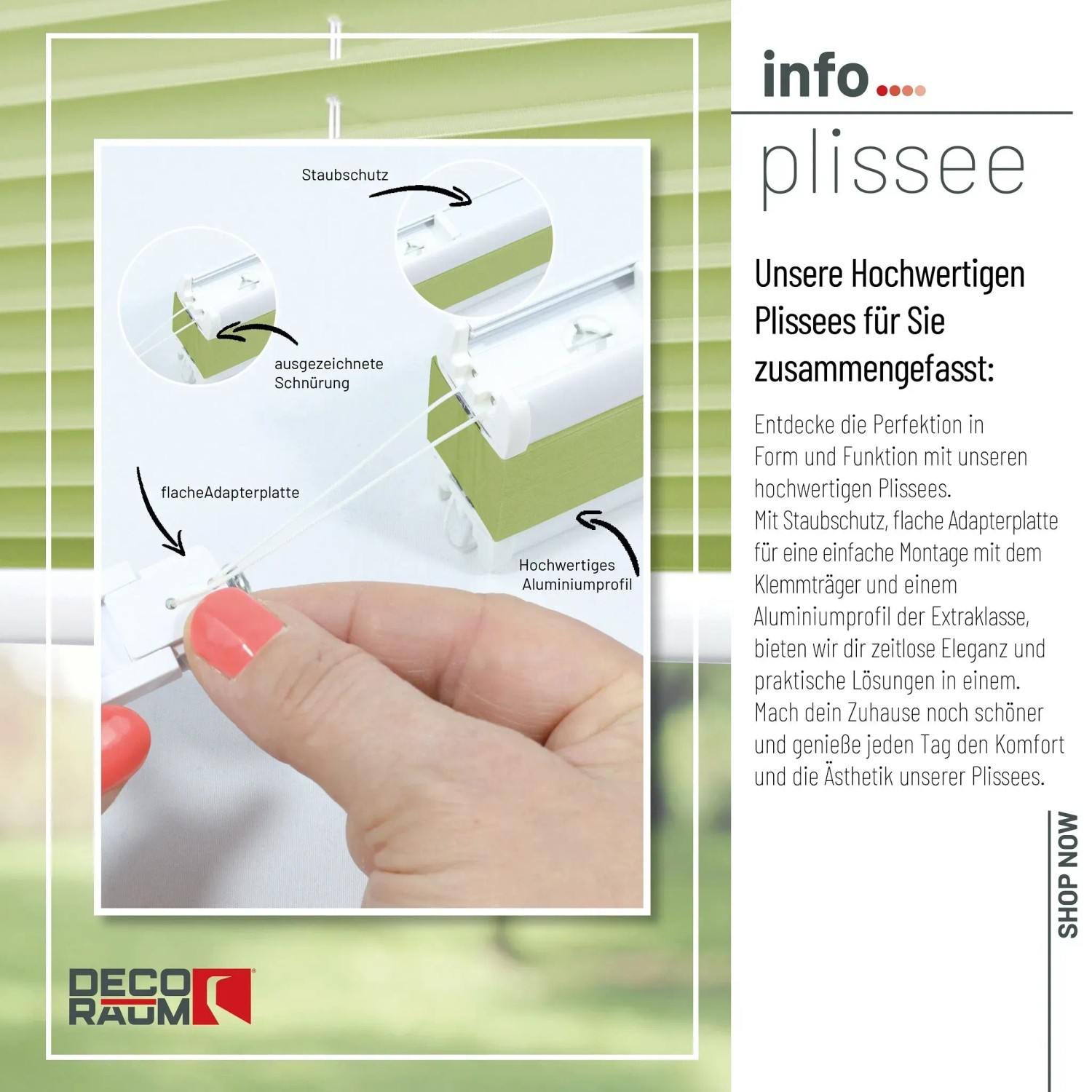 Detailaufnahme: Hellgrünes Deco-Raum Plissee Basic mit Klemmfix-Montage, blickdicht, 70x150cm.