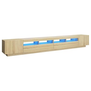 VidaXL TV-Schrank mit LED-Beleuchtung, Sonoma-Eiche, 300 cm breit. Wohnwand-Element mit Fächern und blauer Beleuchtung.