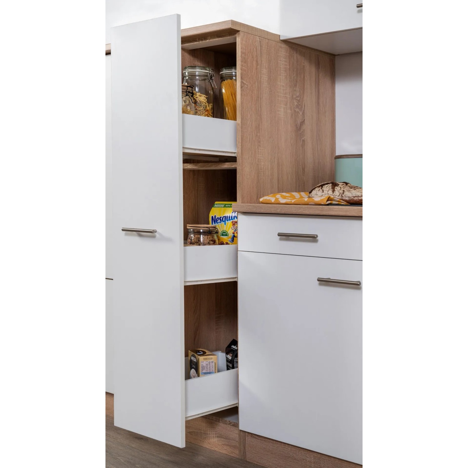 Respekta Küchenzeile KB240ESWC, 240 cm, Weiß-Eiche Glänzend mit offenem Apothekerschrank.
