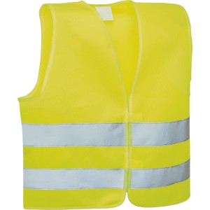 Gelbe Warnweste aus dem Familienset mit zwei reflektierenden Streifen für gute Sichtbarkeit.