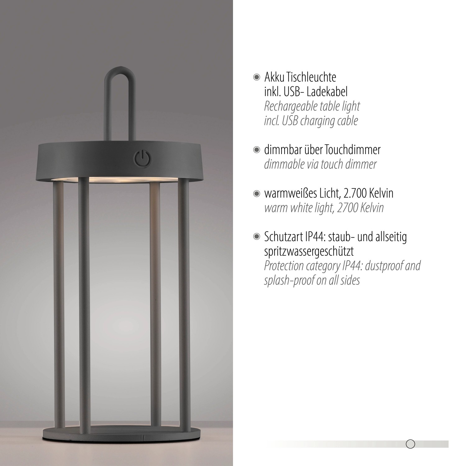 Schwarze LED-Akku-Tischleuchte Anselm, dimmbar, für den Außenbereich.