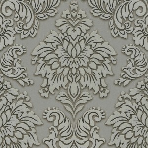 Graue Vliestapete mit elegantem, erhabenem Barock-Ornamentmuster. Dekorative Tapete für stilvolle Wandgestaltung.
