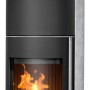 Justus Faro Aqua 2.0 Kaminofen mit Speckstein, schwarz-grau, 8,5 kW. Zeitbrandofen mit Flammen.