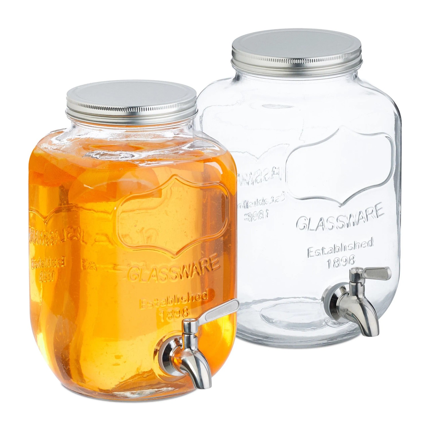 Relaxdays Getränkespender 2er Set Glas Edelstahl Eisen Transparent Silber mit Zapfhahn und Deckel 25 cm x 15 cm x 22 cm