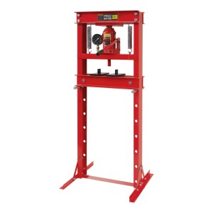 Rote Wiltec 20T Hydraulikpresse mit Manometer. Robuste Stahlkonstruktion für Presswerkzeuge, 500mm Arbeitsbreite.