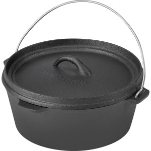 Schwarzer Jamestown Dutch Oven mit Deckel und Henkel, Teil des 6-tlg. Grillutensilien Sets.