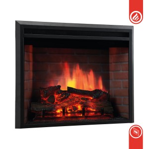 Kaminio Elektrokamin Luca mit 3D-Flammeneffekt und Heizung, Einbaukamin mit Backsteinwand-Optik.