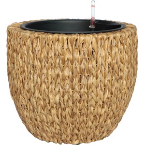 Naturfarbener Pflanztopf (39x39x35 cm) in geflochtener Bambusoptik mit Bewässerungssystem.