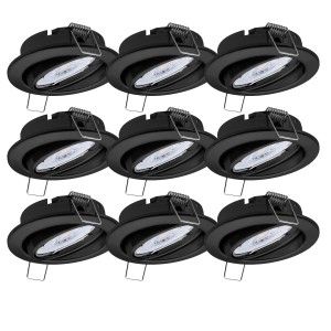 9er Set schwarze Einbauspots mit LED Modul, warmweiß, dimmbar, schwenkbar für Deckenbeleuchtung.