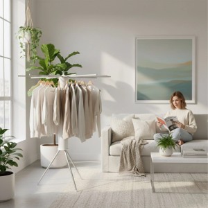 Weißer, ausziehbarer Relaxdays Wäscheständer aus Metall mit Kleidung in modernem Wohnzimmer. Klappbar, platzsparend.