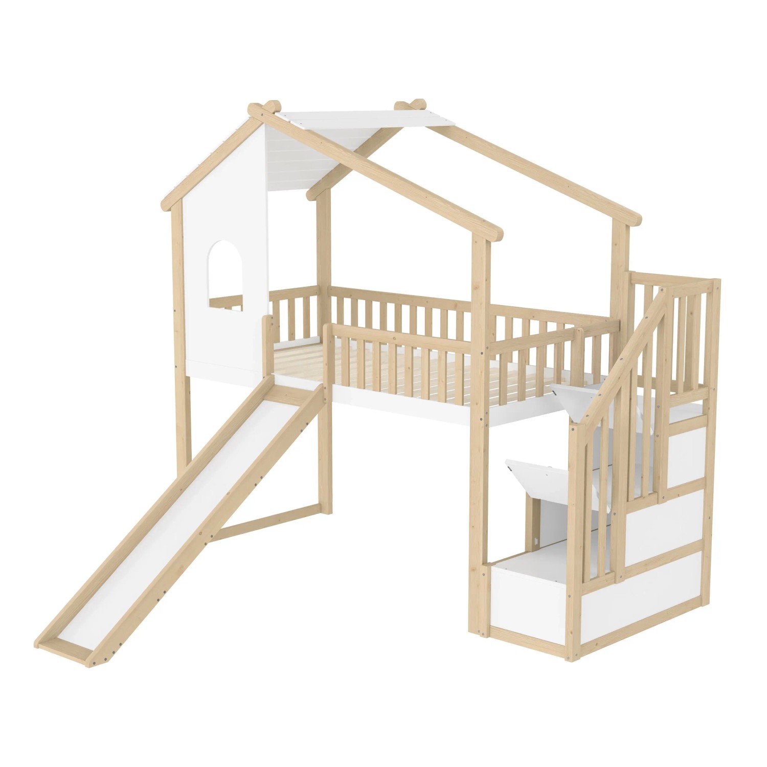 okwish Hochbett 90x200cm mit Rutsche Kinderzimmer Natur Weiß ohne Matratze