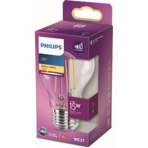 Philips LED-Lampe E27 in Glühlampenform, 1,5W, 150 Lumen, warmweiß, in lila Verpackung.