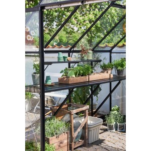 Halls Lamellentisch schwarz für Gewächshaus Qube+ 88, mit Pflanzen und Zubehör dekoriert.