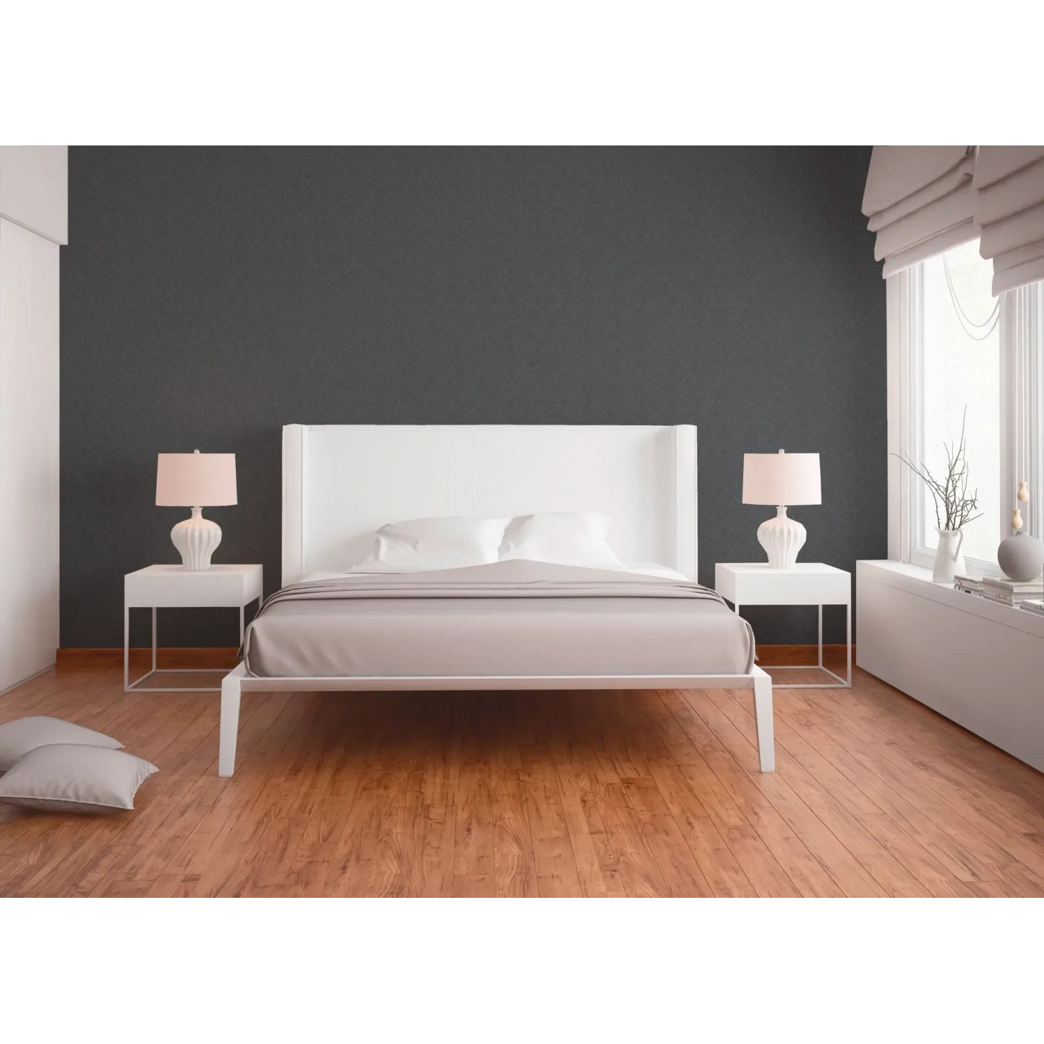 Schlafzimmer mit grauer 3D-Vliestapete mit Glitzer und geometrischem Muster.
