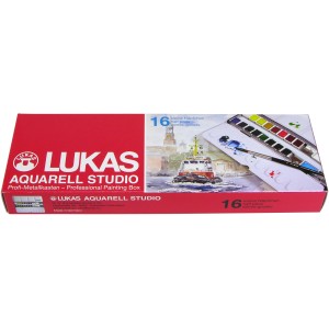Lukas Aquarell Studio Set mit 16 Farben, Pinsel und Mischpalette im Malkasten.