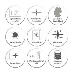 Symbole der Banjado Magnettafel: eigenes Motiv, dünn, Made in Germany, UV-beständig, pflegeleicht, abwischbar, Farbbrillanz, Montage, 4 Magnete.