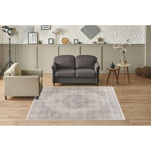 MeGusta Kurzflor Teppich Vintage Grau 160x230cm im Wohnzimmer mit Sofa und Sessel.