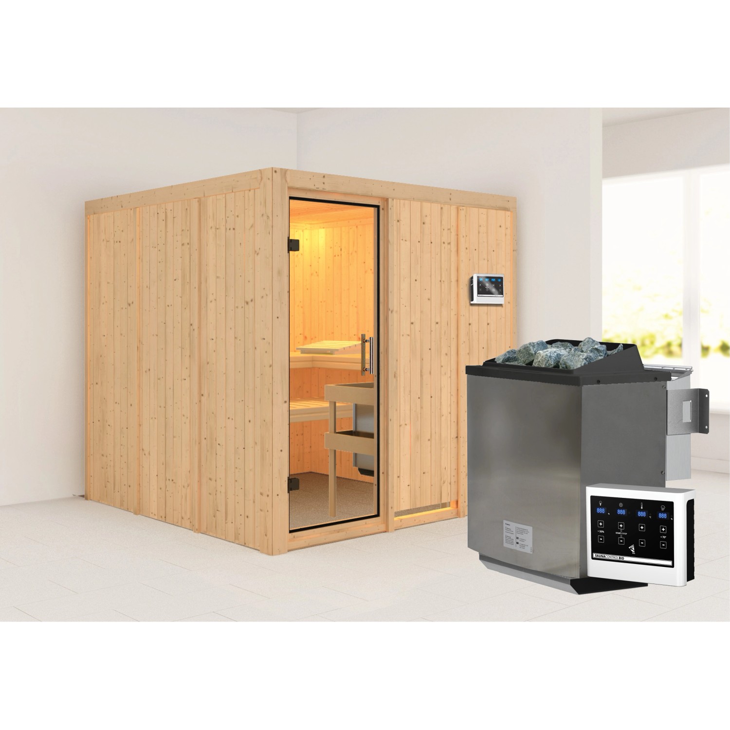 Karibu Sauna Rikka mit Bio-Ofen externe Stg.Easy Natur günstig online kaufen