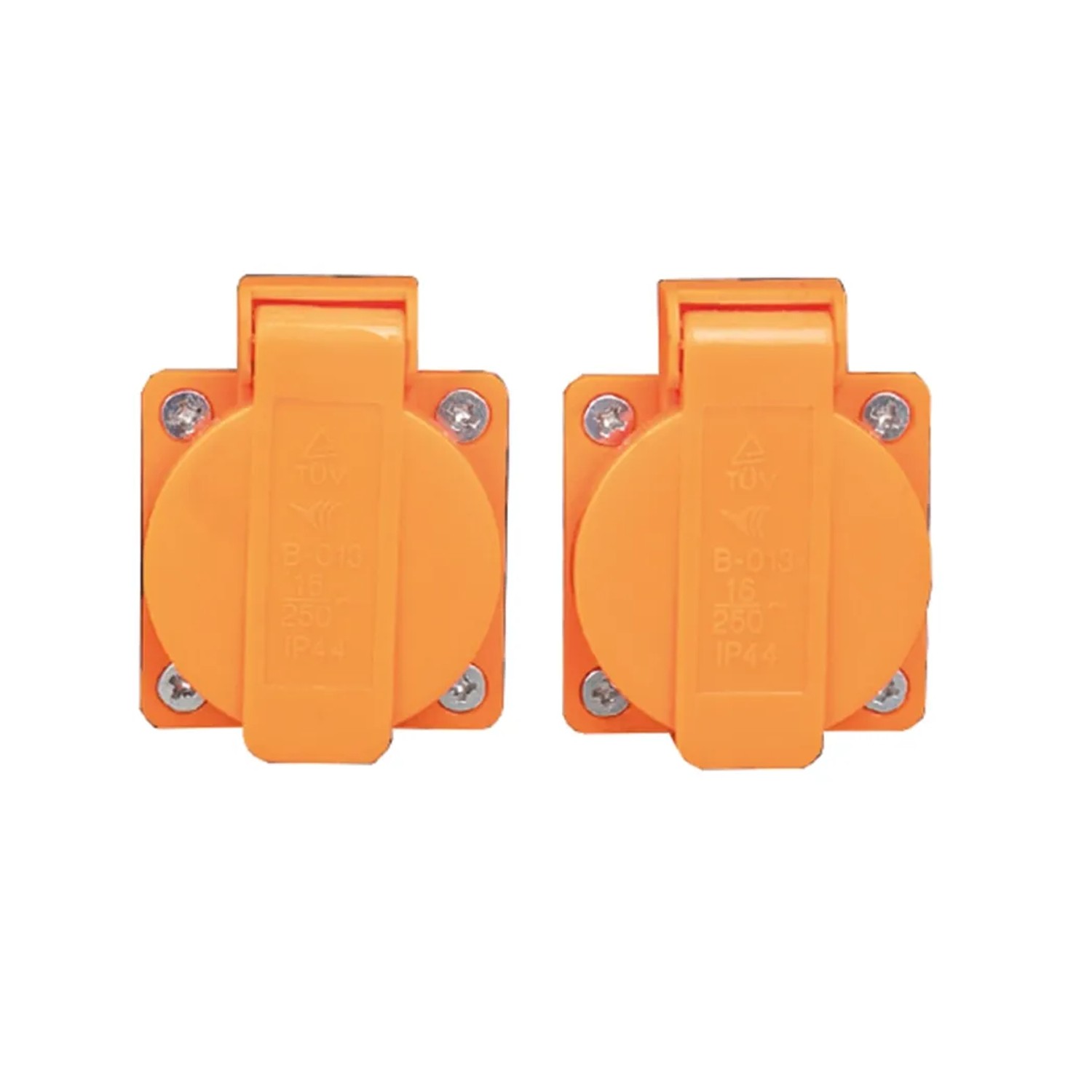 Zwei orangefarbene Stecker für Cross Tools Notstromaggregat, Stromerzeuger Zubehör.