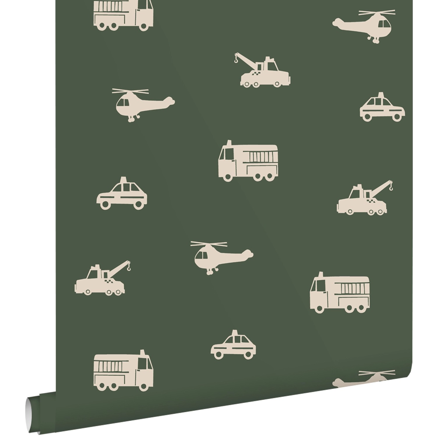ESTAhome Tapete Autos Löschfahrzeuge Hubschrauber und Kräne Olivgrün 50 x 9 günstig online kaufen