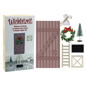 Deko-Wichtelstarter-Set, 7-teilig, braun-grün, mit Wichteltür, Leiter, Mini-Weihnachtsbaum und Deko-Elementen.
