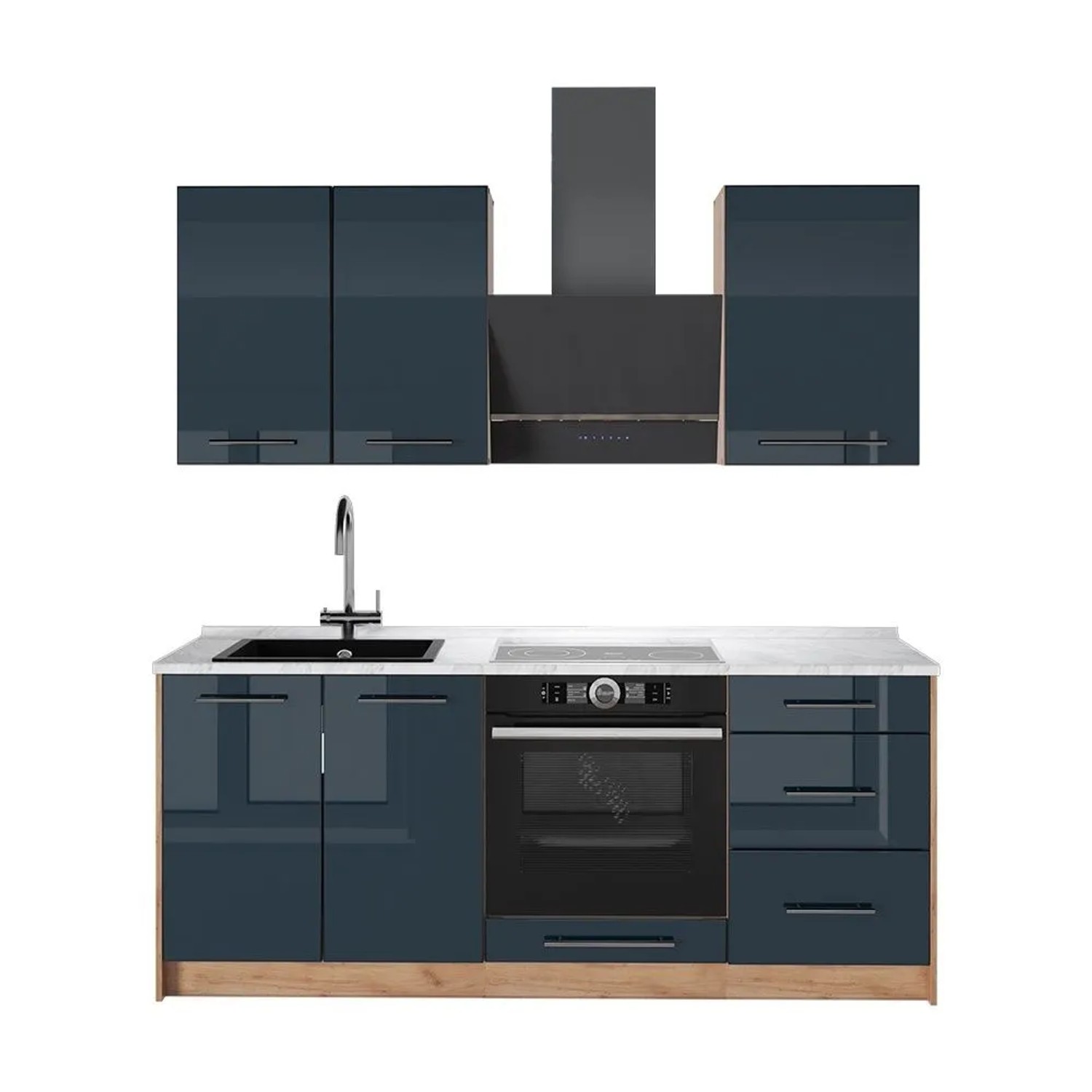 Vicco Singleküche Fame-Line Dunkelblau Hochglanz/Goldkraft Eiche 190 x 82 AP Marmor Art Nr 65768