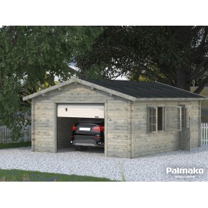 Graue Palmako Holzgarage Roger mit Sektionaltor und Auto. Fertiggarage mit Fenster und Tür.