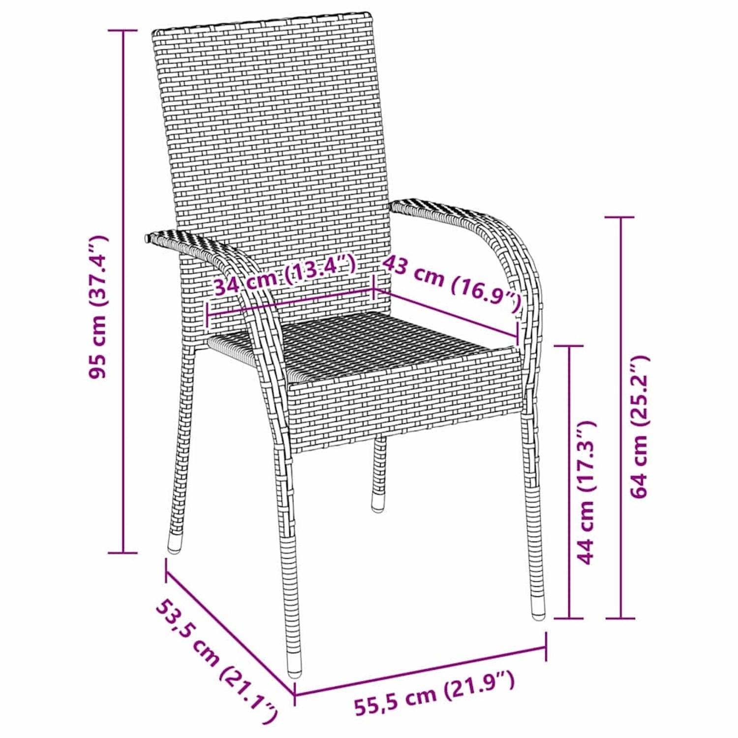 Braun Gartenstuhl aus Poly Rattan, Teil der vidaXL 7-tlg. Essgruppe. Gartenmöbel mit Armlehne und Stahlgestell.