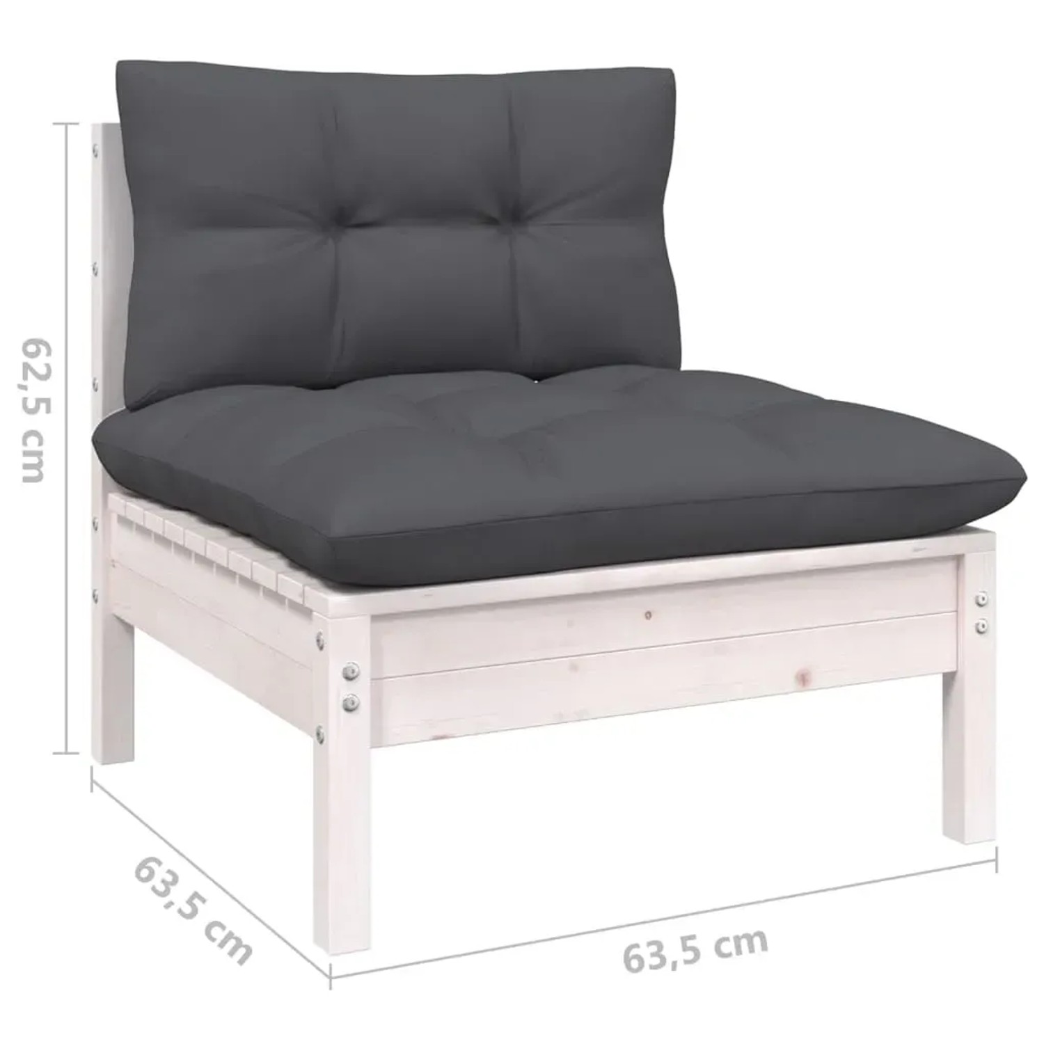 Weißes Gartenmöbel-Lounge-Set aus Kiefernholz mit anthrazitfarbenen Kissen.